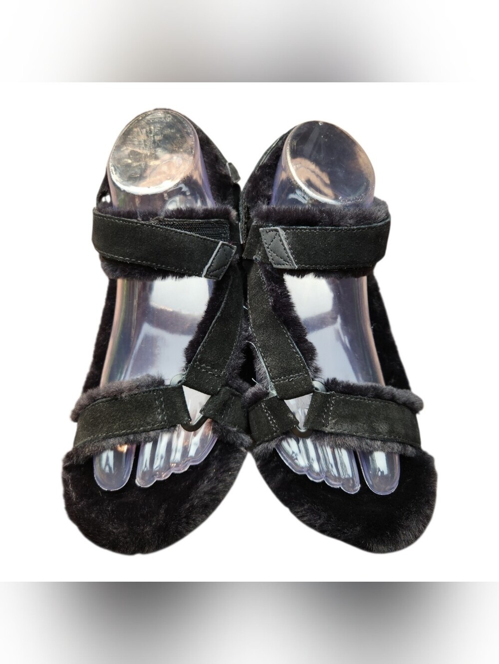 Vionic Suede Adjustable Fuzzy Sandals Viva Black Womens Size 8 Strappy Orthotic